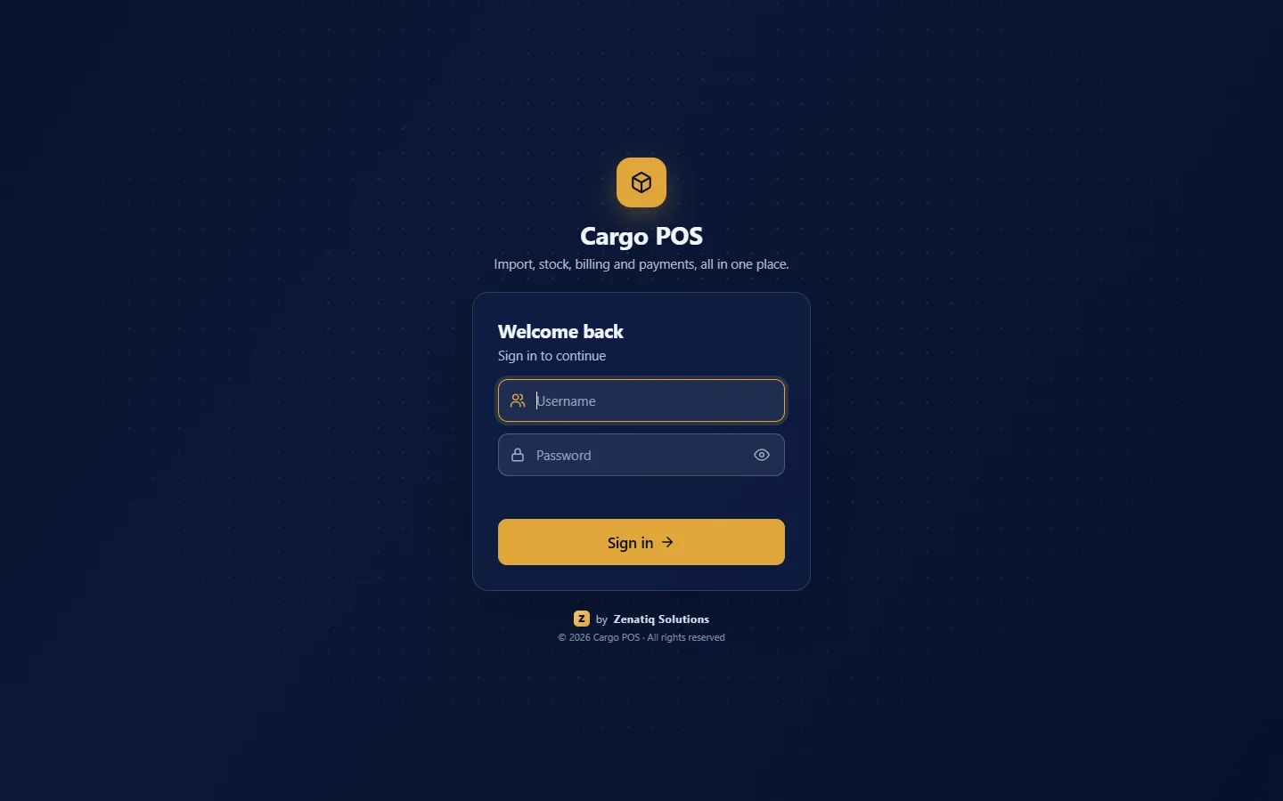 Cargo POS sign-in screen on a laptop